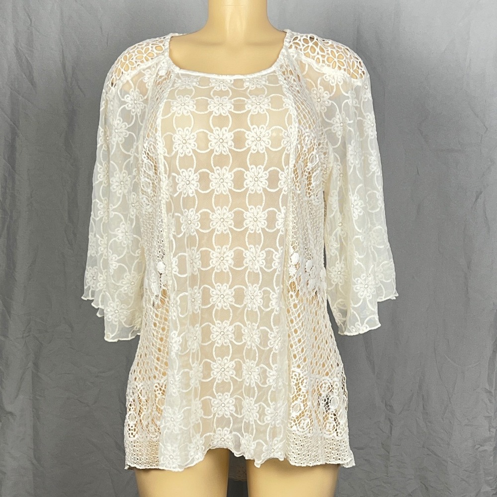 John Mark Lace Tunic Large Floral Sheer Cottagecore Ivory Boho Romantic Feminine